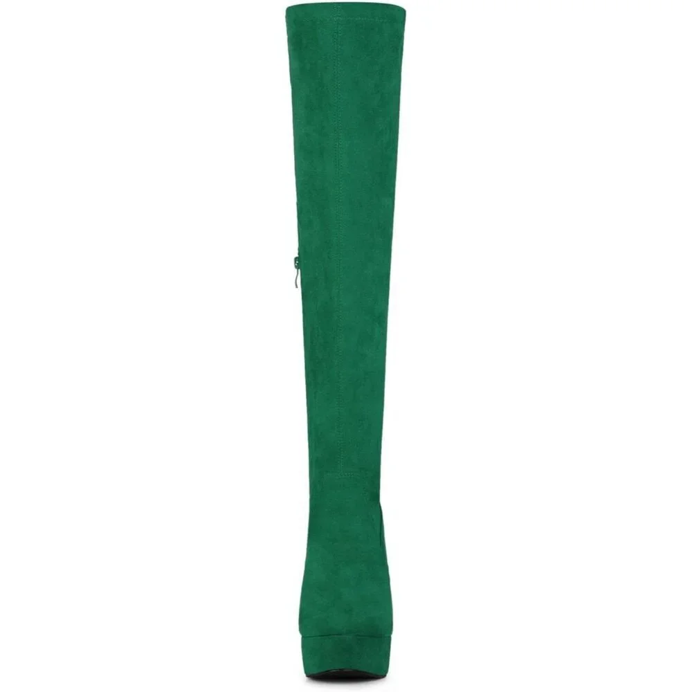 Women Green Suede Chunky Heel Rounded Toe Over the Knee Thigh High Boots